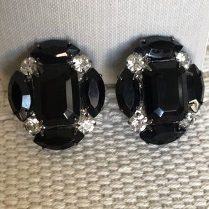 Vintage black glass & rhinestone clip on earrings